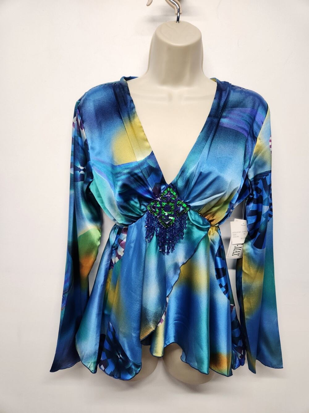 Vintage Y2K Kaelyn-Max Vibrant Blue Abstract Pattern Long Sleeve Satin Blouse, M